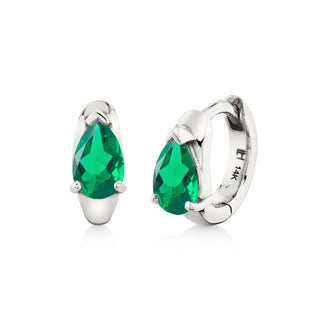 Water Drop Emerald Pear Huggies White Gold Pair  by Logan Hollowell Jewelry