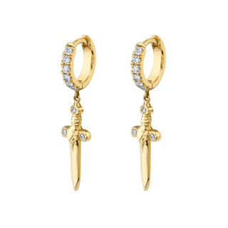 French Pavé Diamond Dagger Hoops Single Yellow Gold  by Logan Hollowell Jewelry