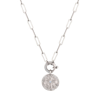 Alchemy Link Charm Necklace with Pavé Diamonds and 18k Pave Diamond Cross Coin Charm White Gold 16"  by Logan Hollowell Jewelry