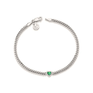 Baby Cuban Chain Bracelet with Bezel Heart Emerald Center Petite 6.5" White Gold  by Logan Hollowell Jewelry