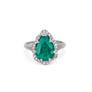 18k Premium Water Drop Colombian Emerald Queen Ring with Full Pavé Diamond Halo White Gold 2  by Logan Hollowell Jewelry